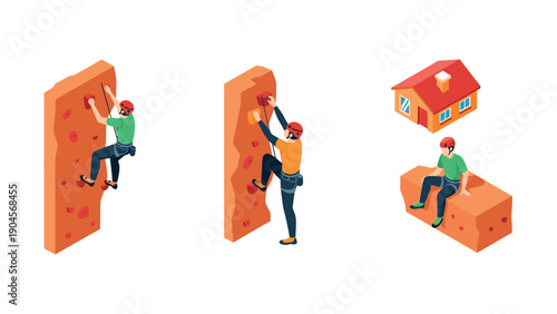 Isometric rock climbing and relaxing outdoors with safety gear and house illustration