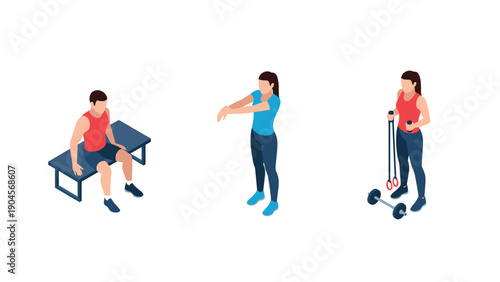 Isometric fitness people: gym exercises and workout routine