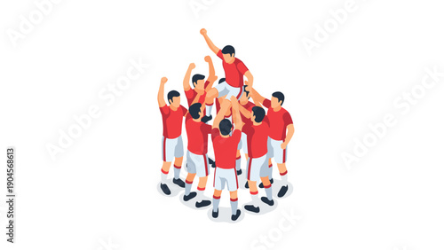 Isometric team celebration: soccer players lifting teammate in red jerseys