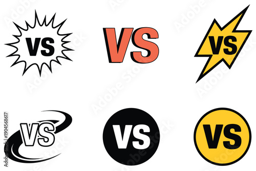 Versus Battle Logo Collection, 6 VS Design Icons with Starburst, Lightning, and Circular Styles, Ideal for Gaming, eSports Competitions, and Competitive Digital Branding.