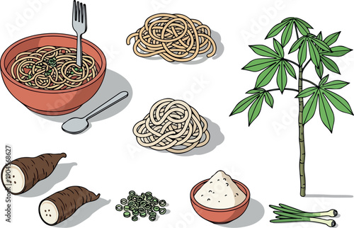 Illustration of ingredients for preparing a meal, featuring pasta, cassava, and green onions, alongside a plant