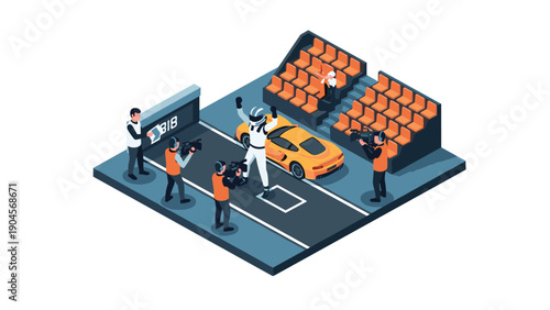 Isometric car racing victory celebration with photographers and fans