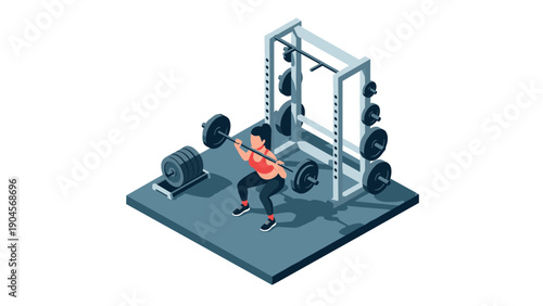 Woman performing barbell squat in gym isometric style