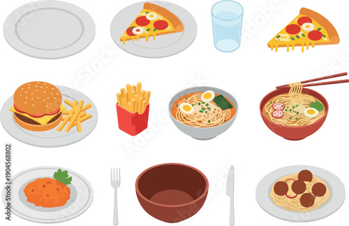 A collection of delicious fast food and meal illustrations including pizza, burgers, fries, ramen, and pasta
