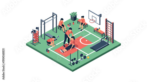 Isometric gym scene with fitness equipment and people exercising in a sports environment