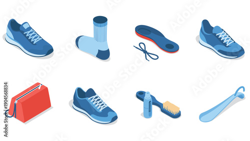 Isometric collection of shoe accessories and footwear items in blue and red