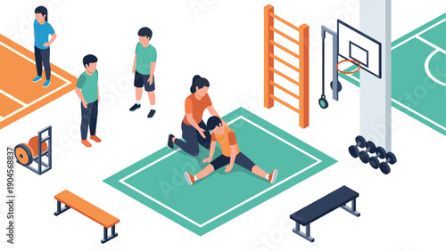 Isometric indoor gym activities with team sports and fitness training elements