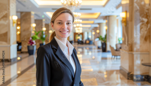 Elegant confident professional female manager hotel lobby hospitality luxury business smiling service leadership formal suit reception modern interior bright welcoming successful staff executive