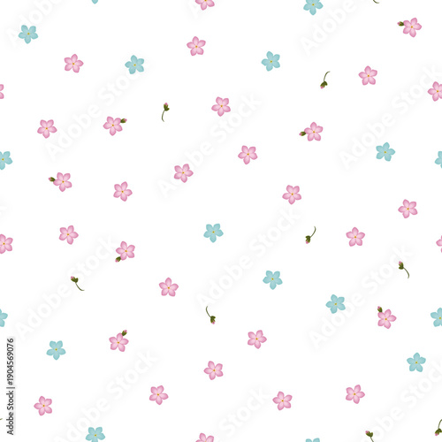 Seamless floral pattern forget-me-not blue and pink flowers. Myosotis gentle flower pattern on white background, vector eps 10