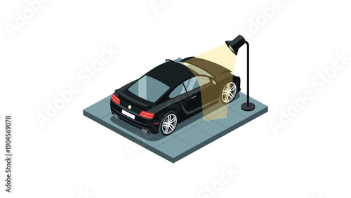 Isometric car wash concept with black sports car and floor lamp