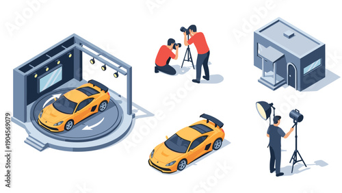 Isometric car photography studio with professional photographers and modern equipment