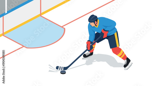 Ice hockey player in action on rink with stick and puck in isometric design