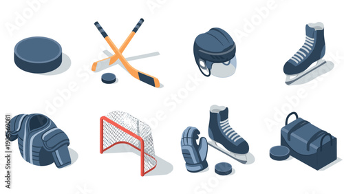 Isometric ice hockey gear collection with skates, sticks, helmet, and goal