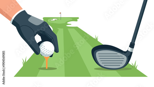 Golfer prepares to tee off on lush green course with glove and club