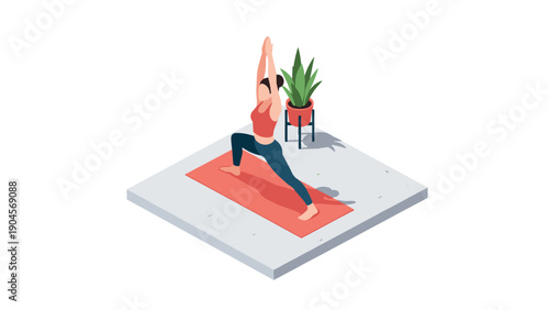 Woman practicing yoga in warrior pose next to plant on mat