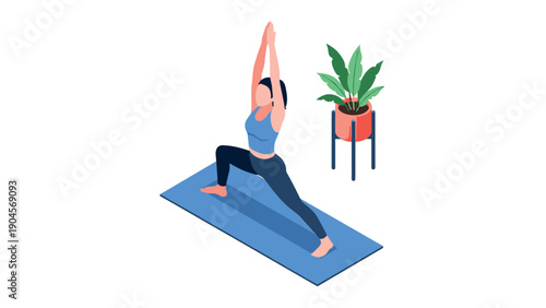 Woman practicing yoga at home in isometric style with indoor plant