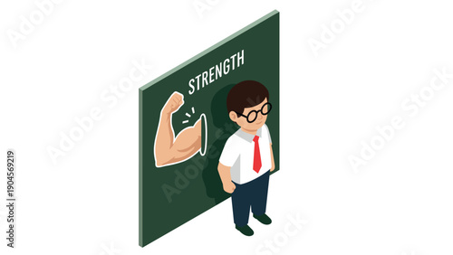 Isometric young businessman with strong arm symbolizing inner strength and confidence