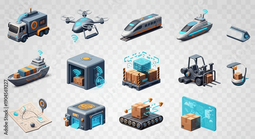Isometric icons depicting modern logistics, transportation, and supply chain management with smart technology elements like drones, automated warehouses, and digital tracking.