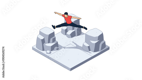 Man performing split leap over rocks in isometric style