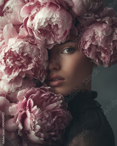A model posing with a large bouquet of peonies covering half her face, artistic beauty portrait