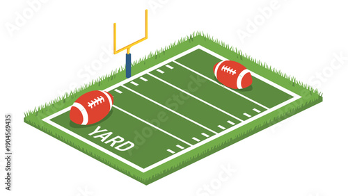 Isometric american football field with goalpost and footballs on grass