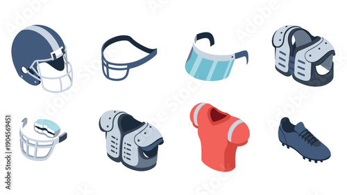 American football gear set in isometric style featuring helmet, cleats, and protective equipment