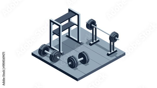 Isometric gym equipment set: dumbbells, barbells, weight bench on platform