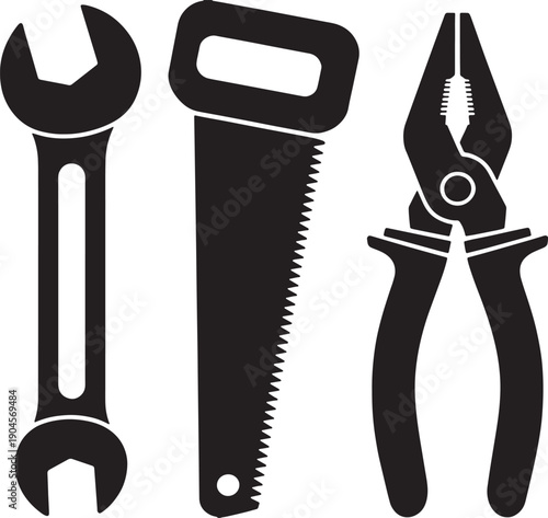 Black silhouette of a wrench a hand saw and pliers on a white background tools tool