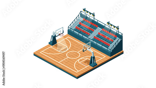 Modern isometric basketball court with spectator seats and bright lighting