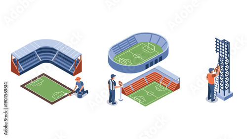 Isometric soccer stadium construction with workers and equipment