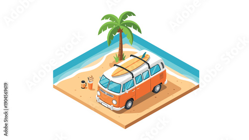 Retro beach scene with camper van and surfboard in isometric style