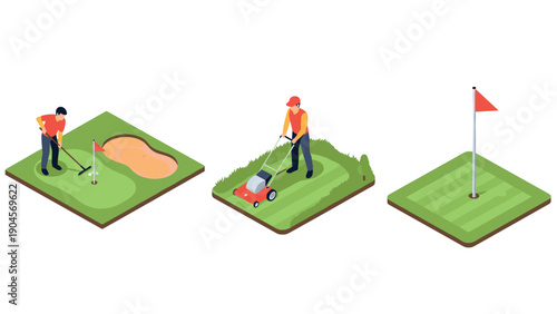 Isometric golf scene: players, mowing grass, and putting green with flag