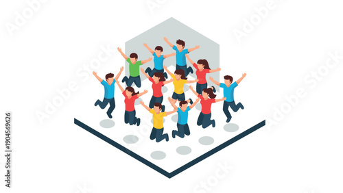 Diverse group of people jumping with joy in isometric design