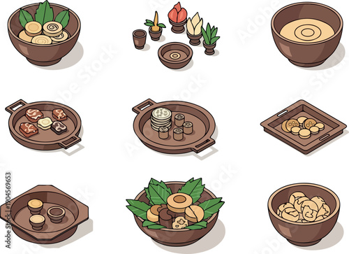 Collection of stylized illustrations of various dishes and food items served in earthenware bowls and platters, presented in a top-down isometric view