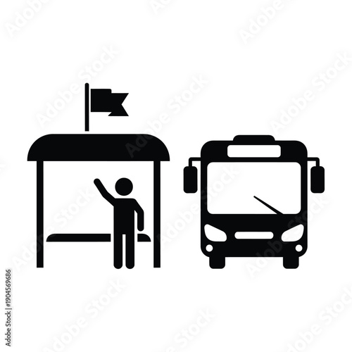 Black silhouette of a person waving at a bus stop with a bus icon on a for transportation or travel concepts
