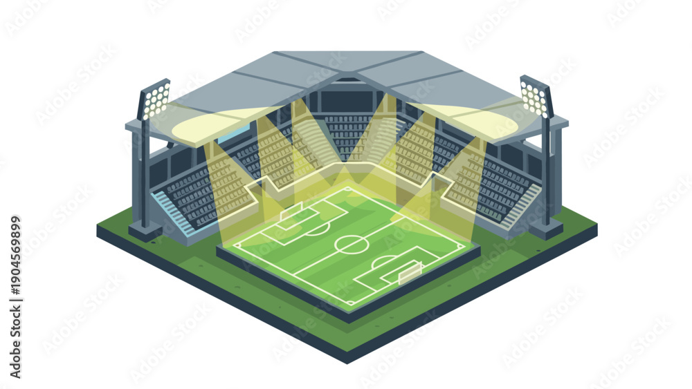 Obraz premium Modern isometric soccer stadium with illuminated field and seating