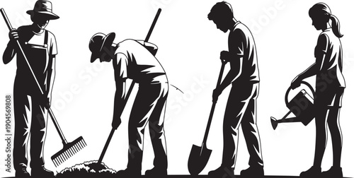 Four diverse people in silhouette engaged in gardening activities with tools and watering can