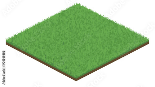 Isometric green grass patch on soil base for landscaping and game design