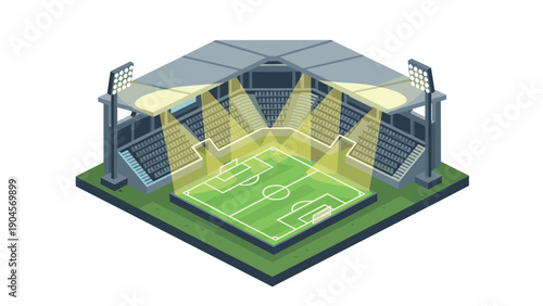 Modern isometric soccer stadium with illuminated field and seating