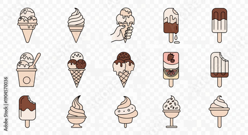 A collection of various ice cream and popsicle illustrations featuring different cones, cups, and sticks with chocolate toppings, presented in a simple line-art style.