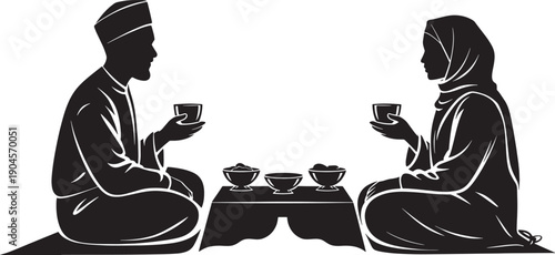Silhouette of a man and woman in traditional attire sharing a meal and drinks traditional clothing