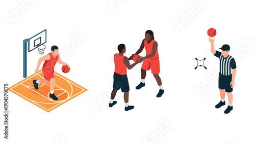 Isometric basketball game with players passing and dribbling on court