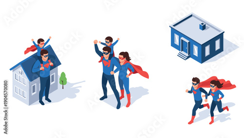 Family of superheroes in action with playful children and suburban home