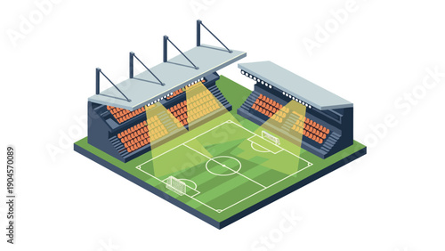 Modern isometric soccer stadium with green field and stands