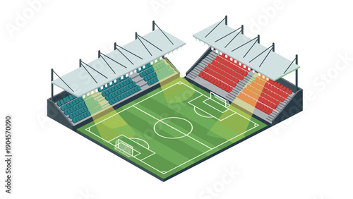 Isometric soccer stadium with seats and roofed stands