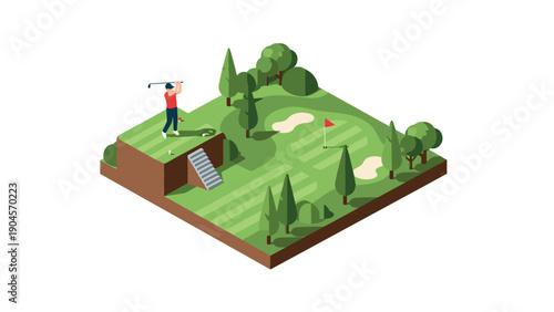 Isometric golf course with player swinging on elevated green