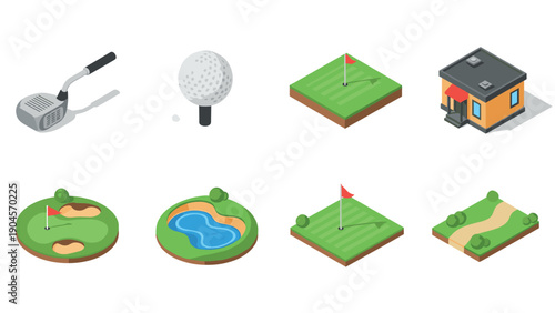 Isometric golf course elements with clubs and flags for game design