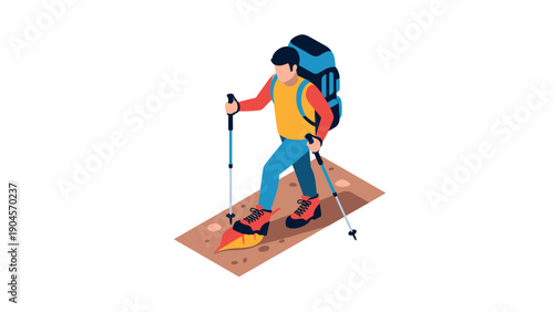 Isometric hiker on trail with backpack and poles in outdoor adventure scene