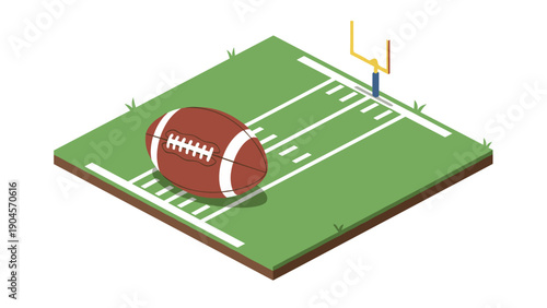 Isometric american football field with ball on grass