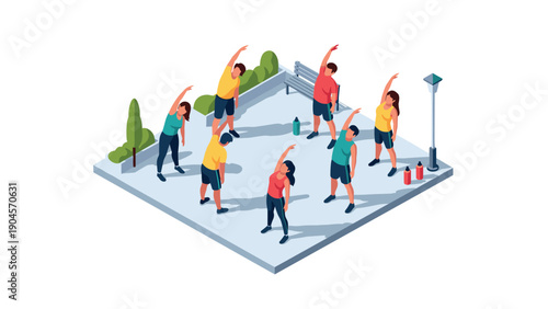Outdoor group exercise in isometric style with diverse people stretching